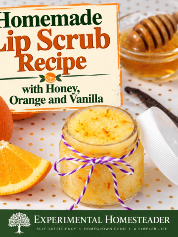 Jar of homemade orange zest lip scrub with honey, oranges and vanilla beside the recipe title.