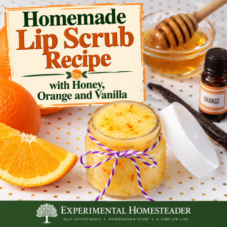 Jar of homemade orange zest lip scrub with honey, oranges and vanilla beside the recipe title.