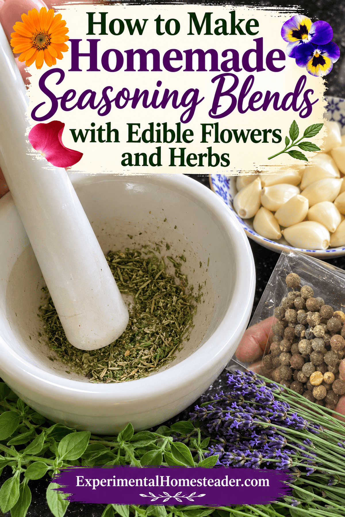 Pinterest answer pin showing homemade herb and edible flower seasonings with spices and kitchen ingredients.