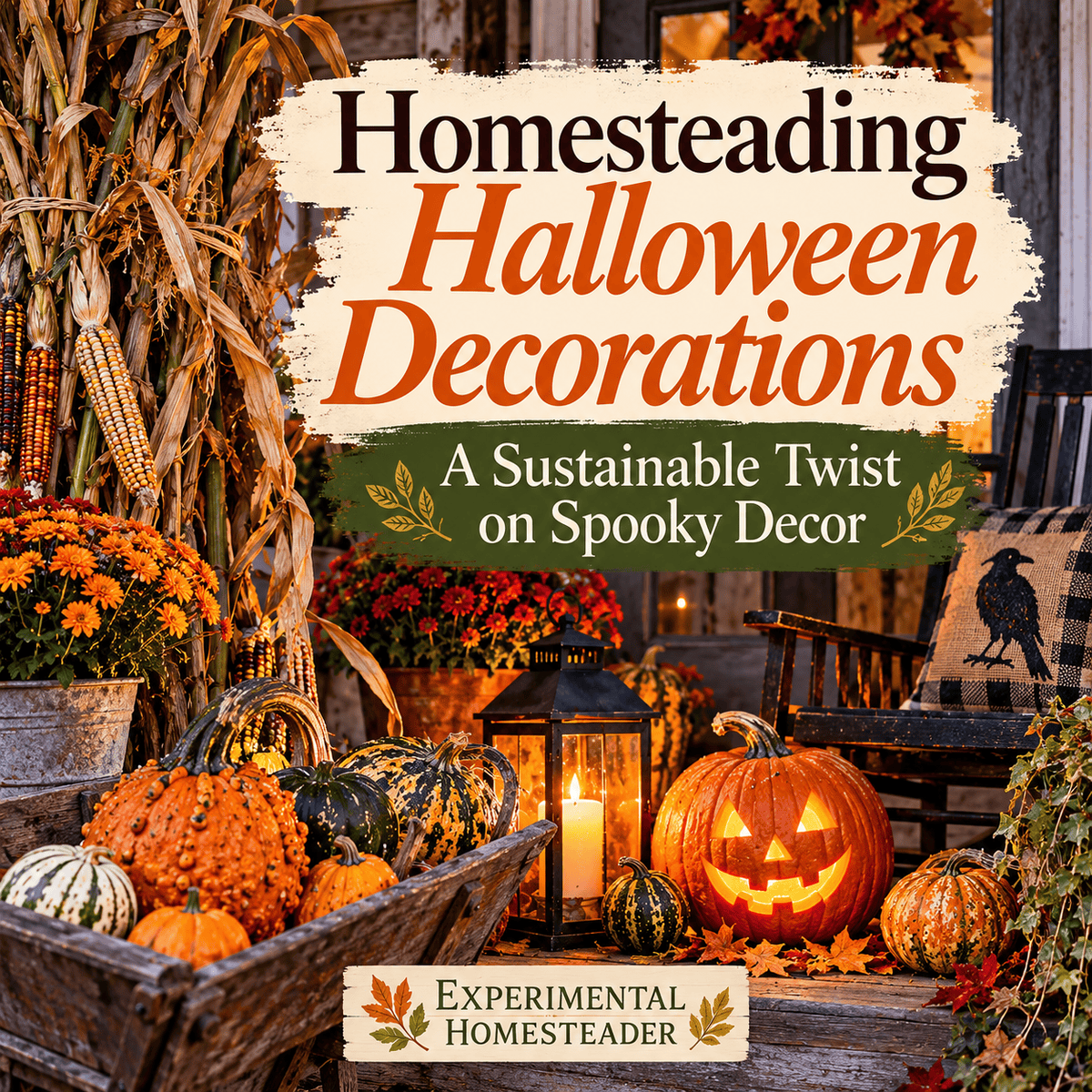 Rustic homesteading Halloween decorations with pumpkins, gourds, corn stalks and mums on a farmhouse porch.