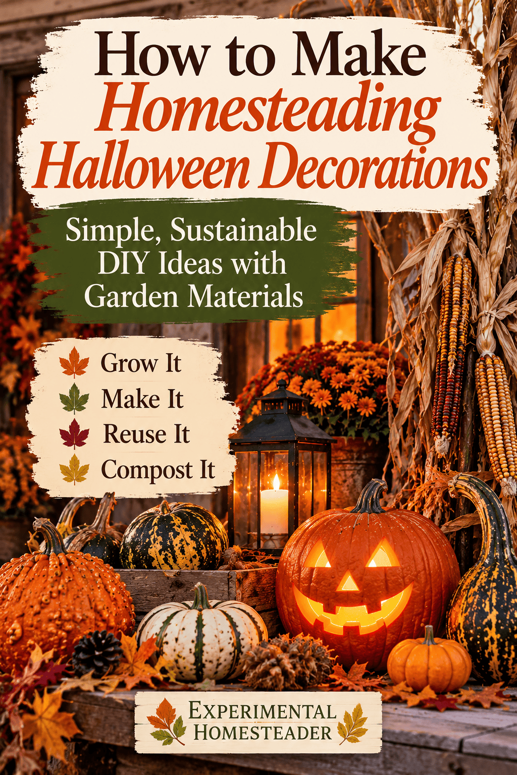 Pinterest graphic showing pumpkins, gourds, corn stalks and mums with ideas for making sustainable homesteading Halloween decorations.