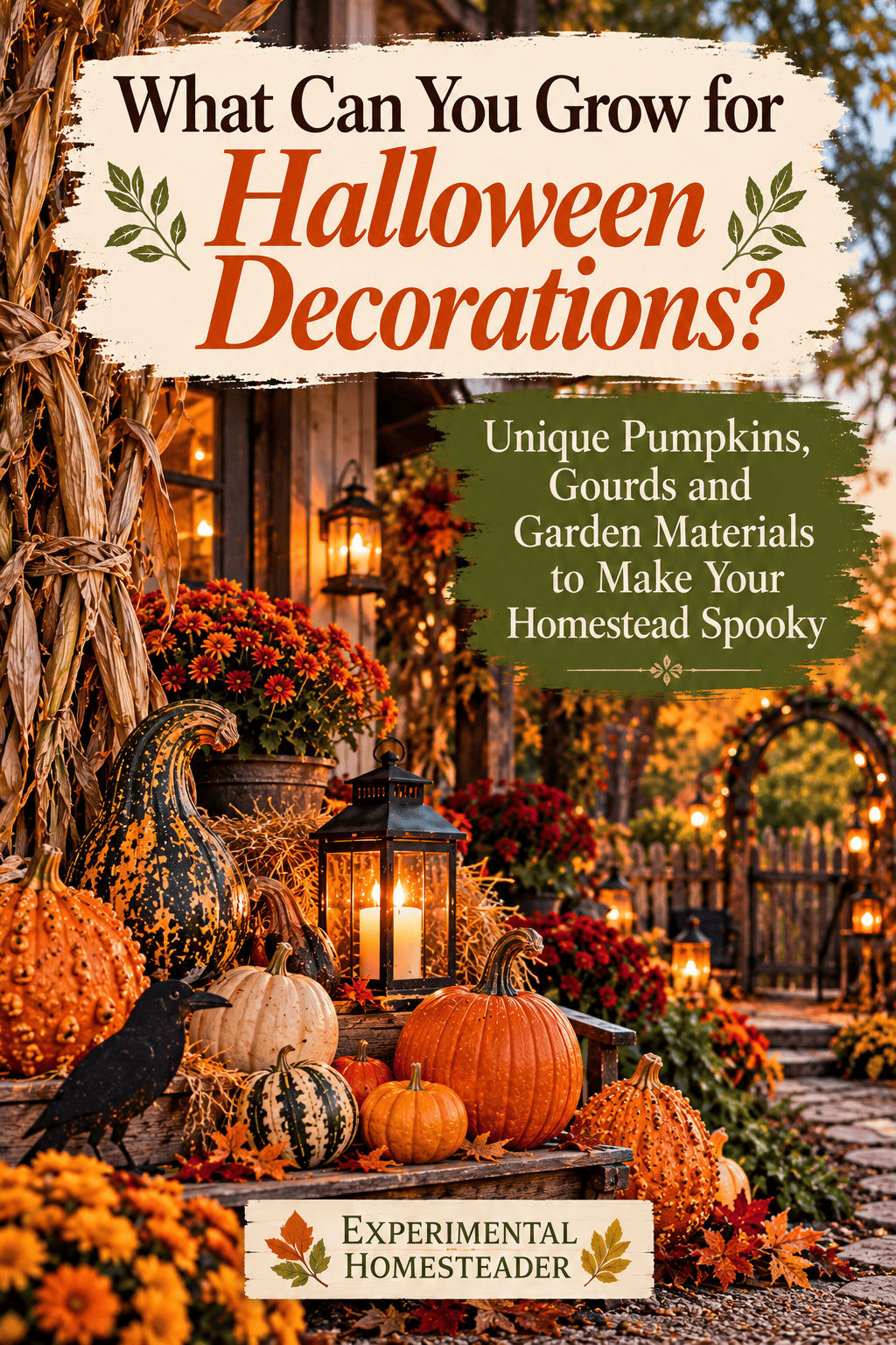 Pinterest graphic featuring unusual pumpkins, gourds, corn stalks and garden materials that can be grown for Halloween decorations.