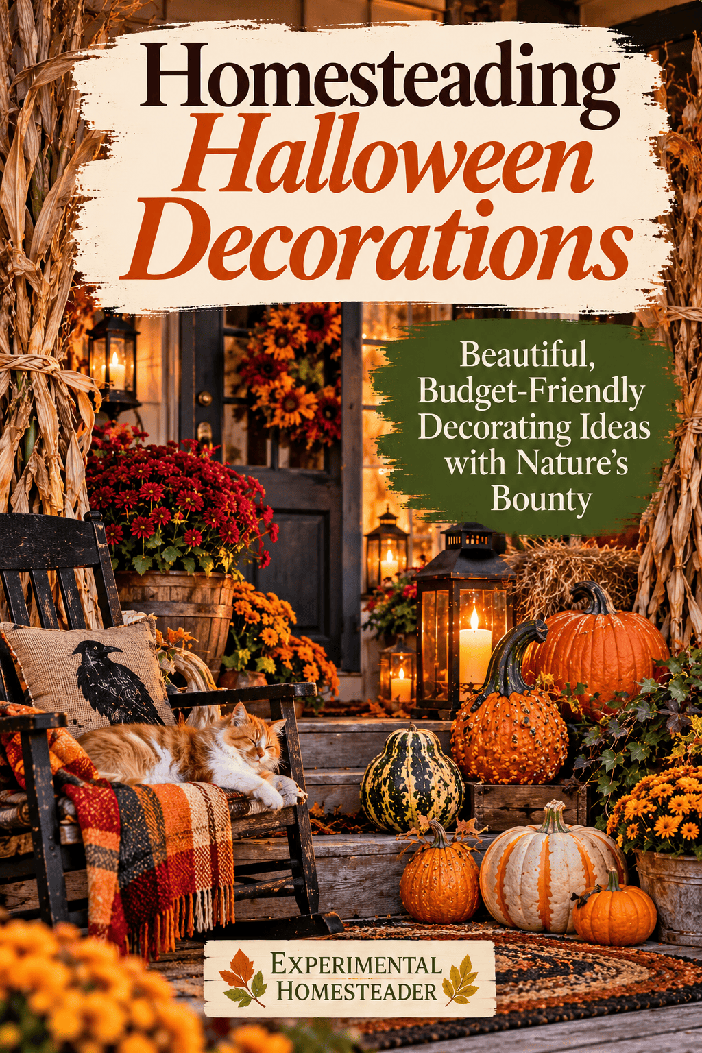 Cozy homestead porch decorated for Halloween with pumpkins, gourds, mums, corn stalks and a resting cat.