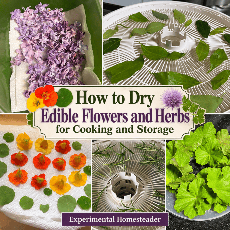 Collage of edible flowers and herbs prepared for drying, including lilacs, nasturtiums and herbs on dehydrator trays