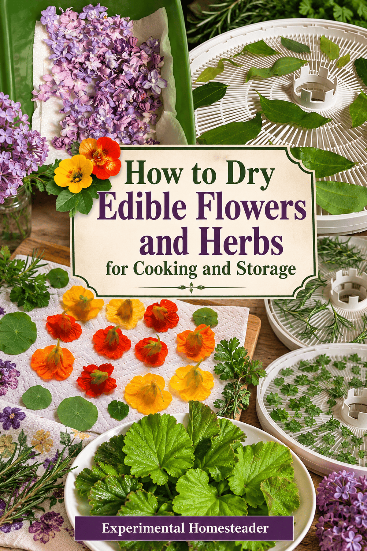 Pinterest guide showing lilac blossoms, nasturtiums and fresh herbs arranged for drying on paper towels and dehydrator trays