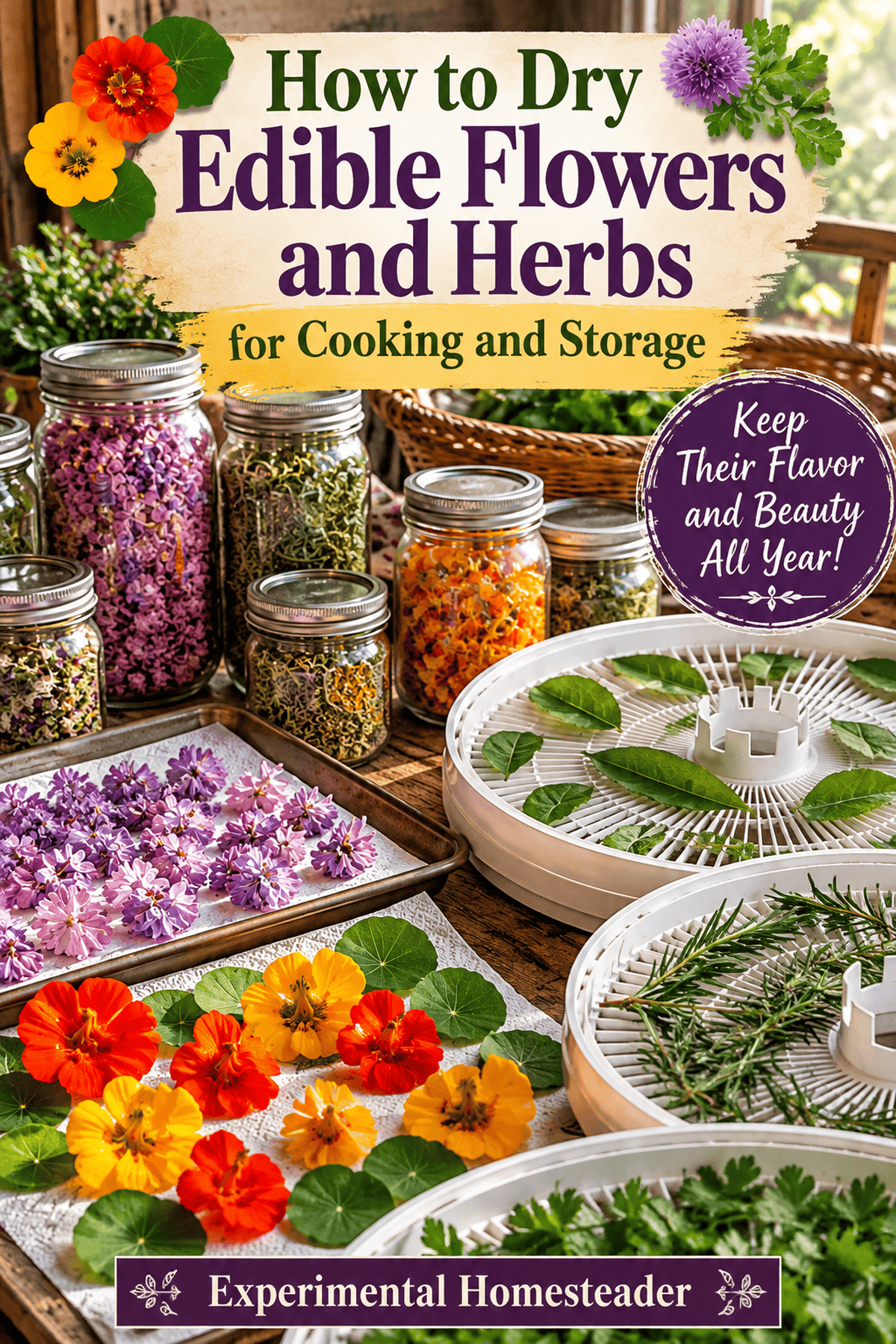 Pinterest pin about preserving the flavor and beauty of edible flowers and herbs through drying and storage
