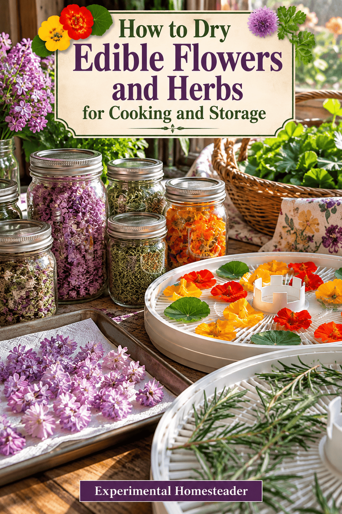 Lifestyle scene showing jars of dried flowers and herbs beside fresh blossoms and dehydrator trays