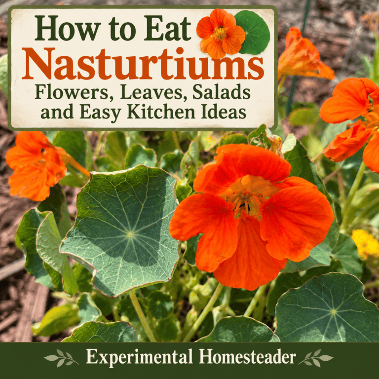 Orange nasturtium flowers and round green leaves featured in a guide to eating nasturtiums from Experimental Homesteader.