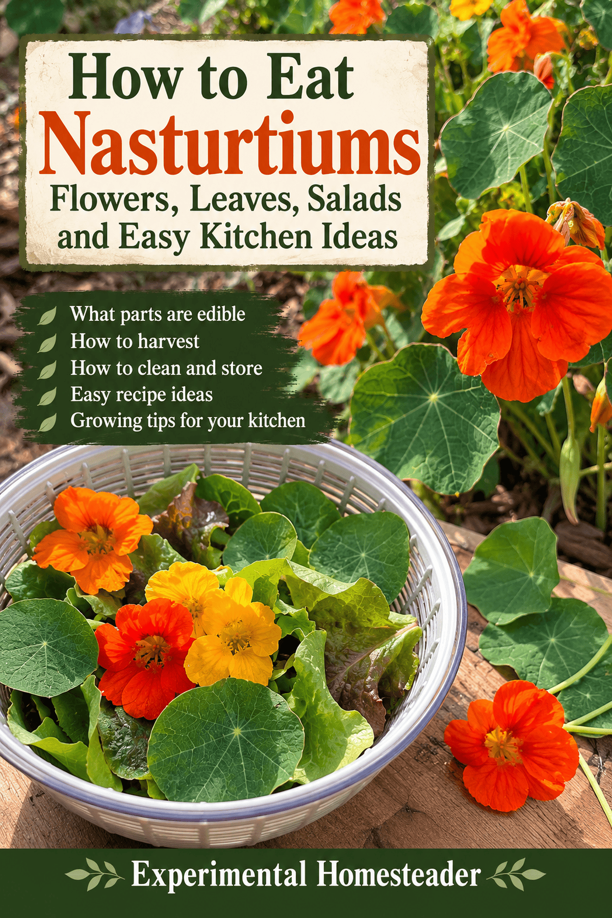 Pinterest answer pin about edible nasturtium flowers and leaves, with Experimental Homesteader branding.
