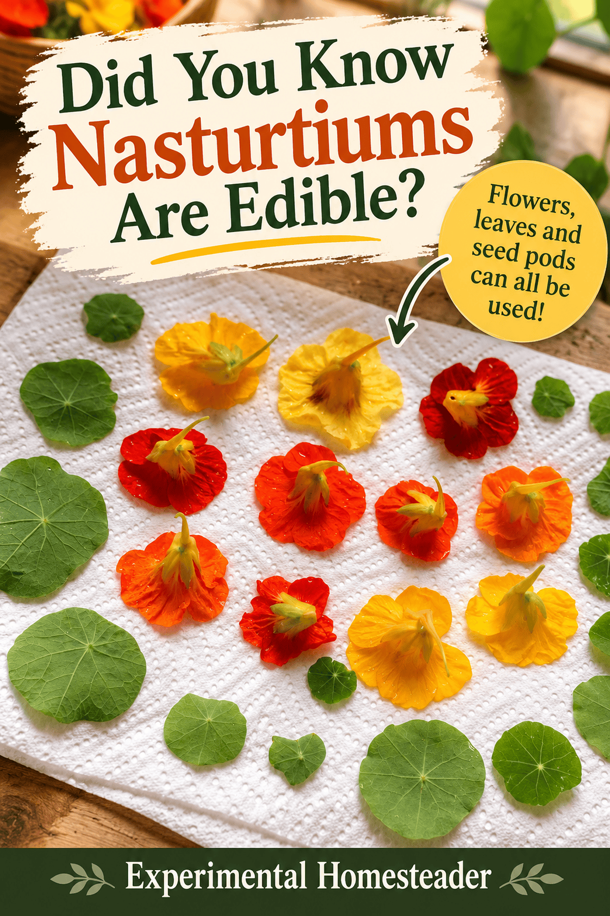 Harvested red, orange and yellow nasturtium flowers with round green leaves arranged on a paper towel to dry.
