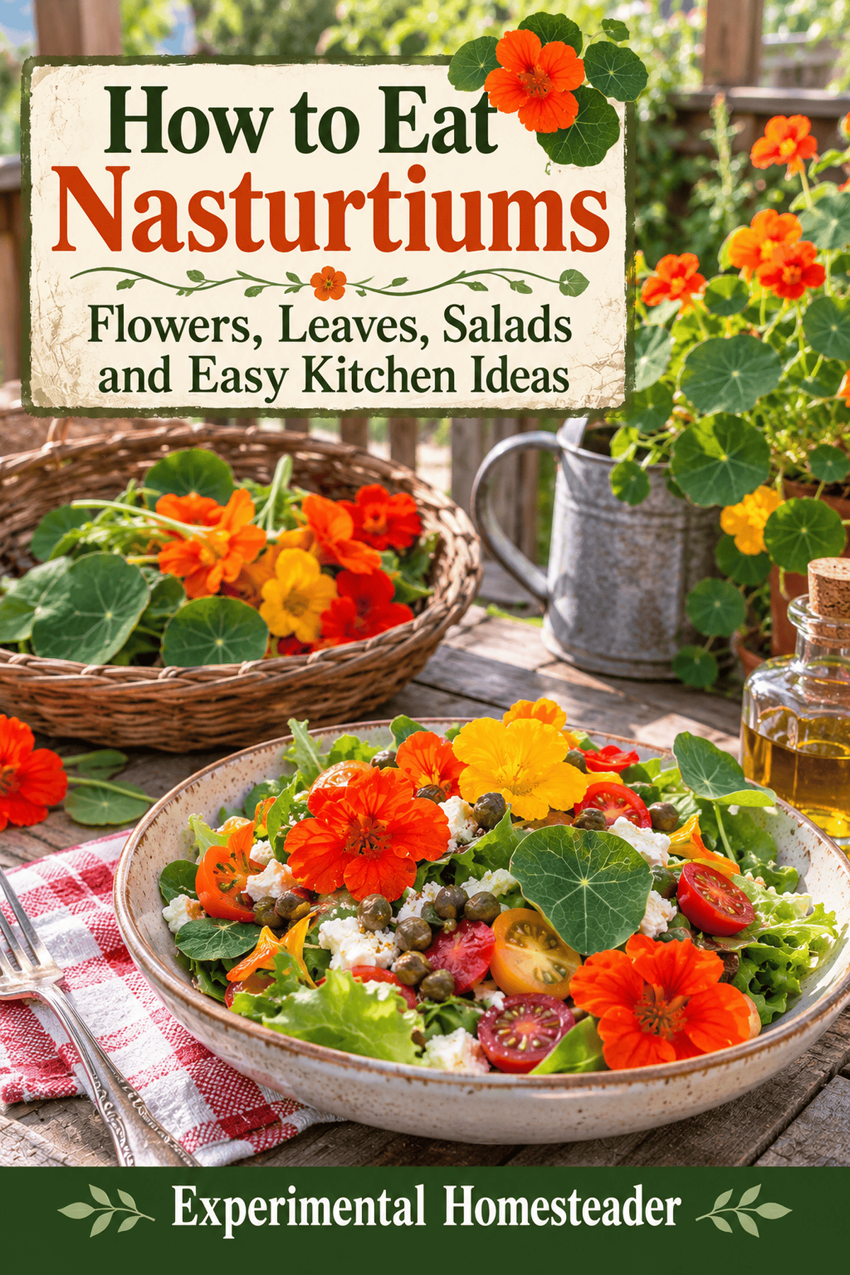 Pinterest lifestyle graphic featuring nasturtiums and ideas for using edible flowers and leaves in home cooking.