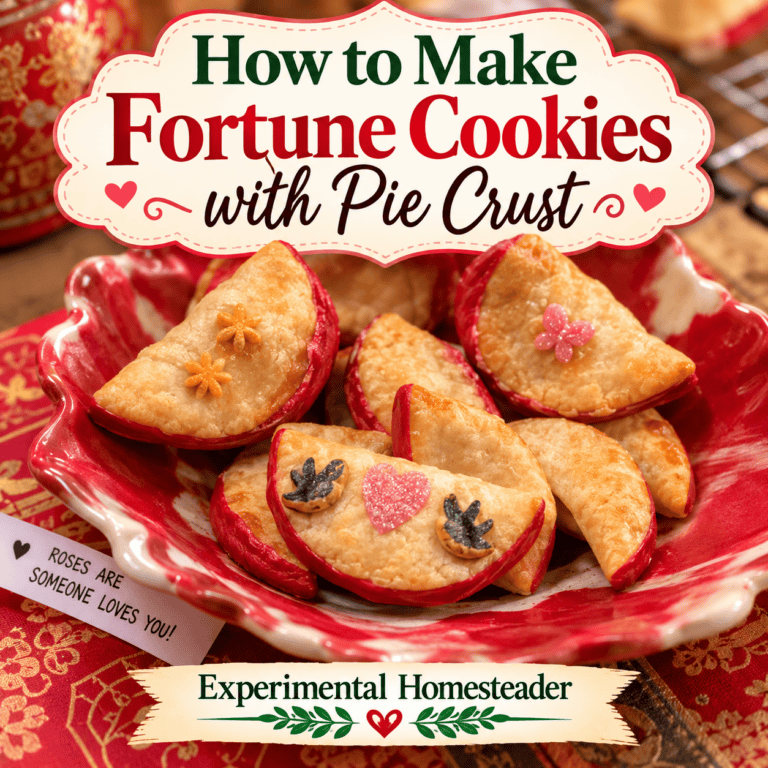 Homemade pie crust fortune cookies decorated with colorful details on Experimental Homesteader