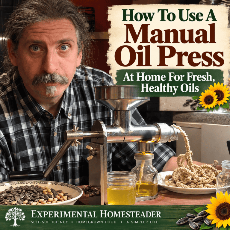 Featured graphic about making homemade peanut oil with a manual oil press for Experimental Homesteader.