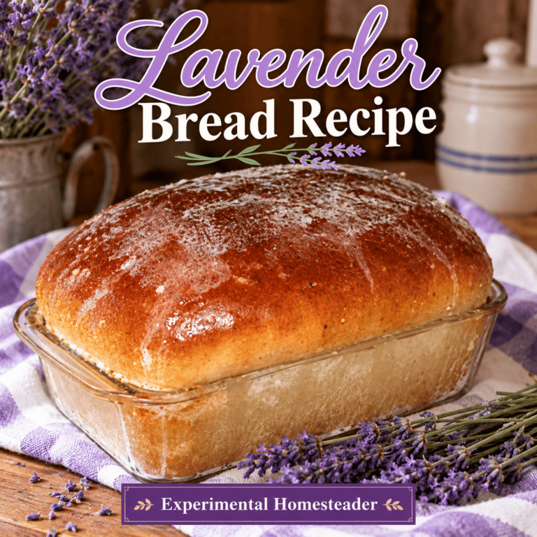 Homemade golden lavender bread loaf in a glass baking pan with lavender flowers and Lavender Bread Recipe title.