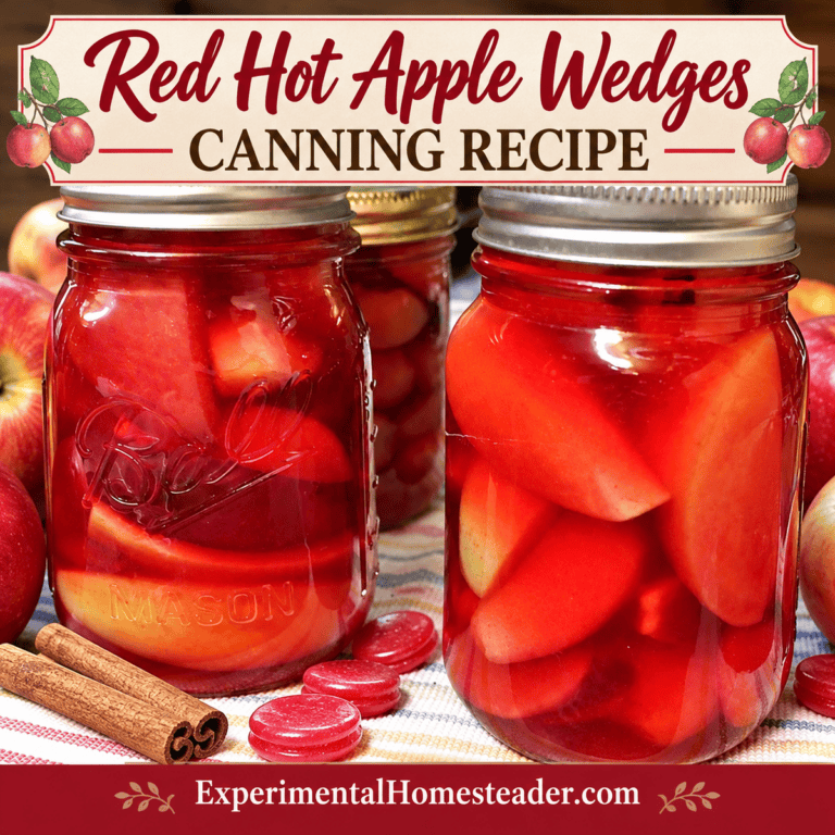 Jars of red hot apple wedges in red cinnamon syrup with apples and cinnamon candies, titled Red Hot Apple Wedges Canning Recipe.